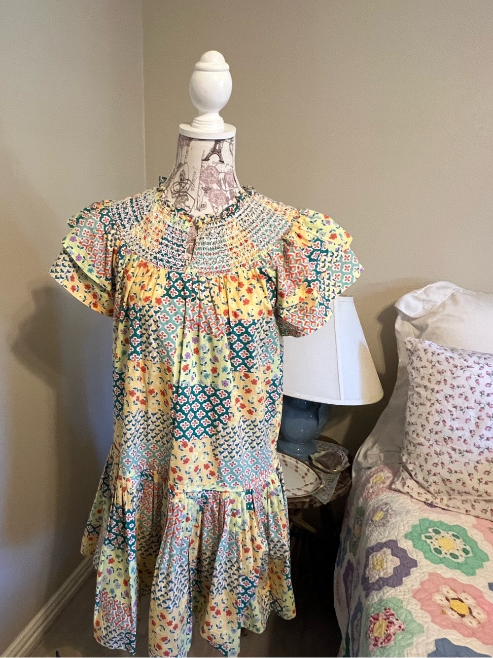 Current Air Teal, Yellow & Pink Patchwork Smocked Dress. Anthropologie